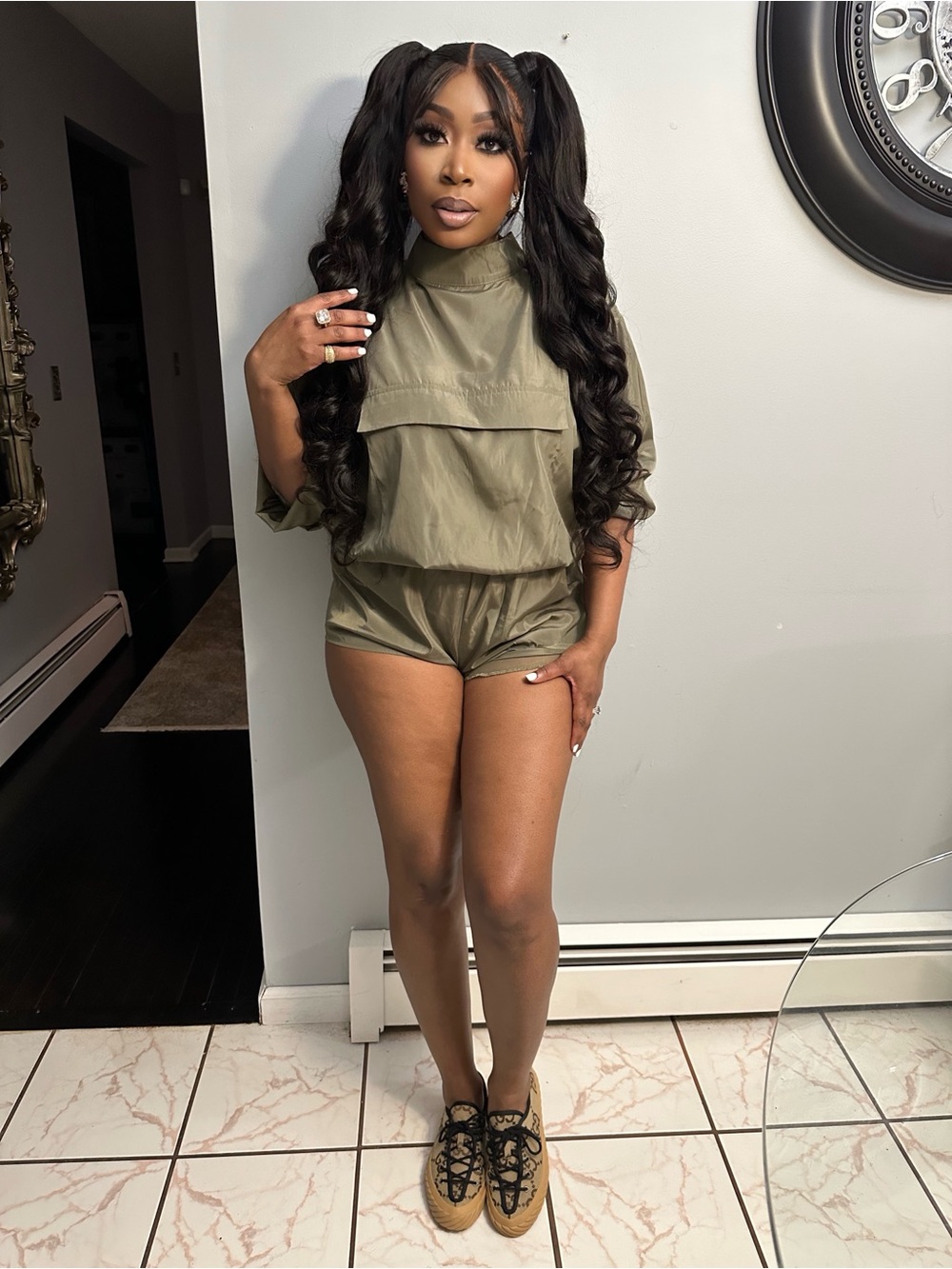 Olive Green One-Piece Lightweight Shorts romper